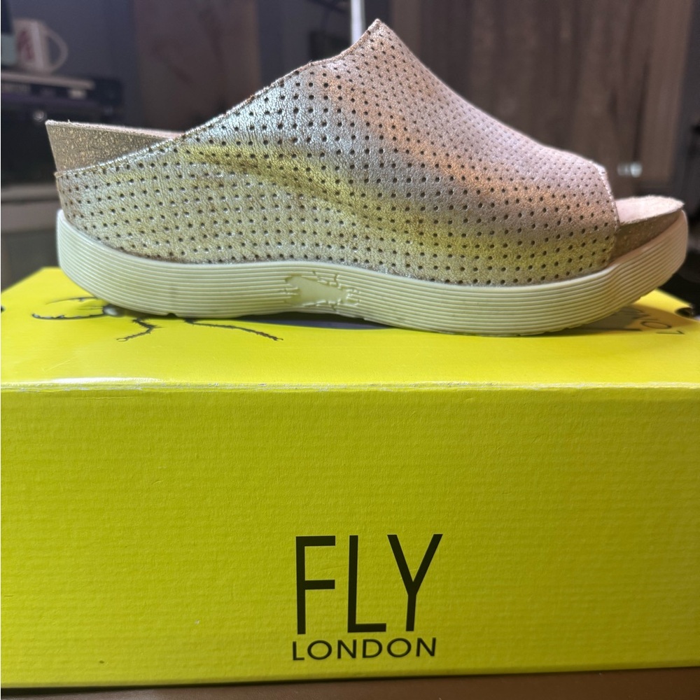 Fly London Metallic Gold Mules